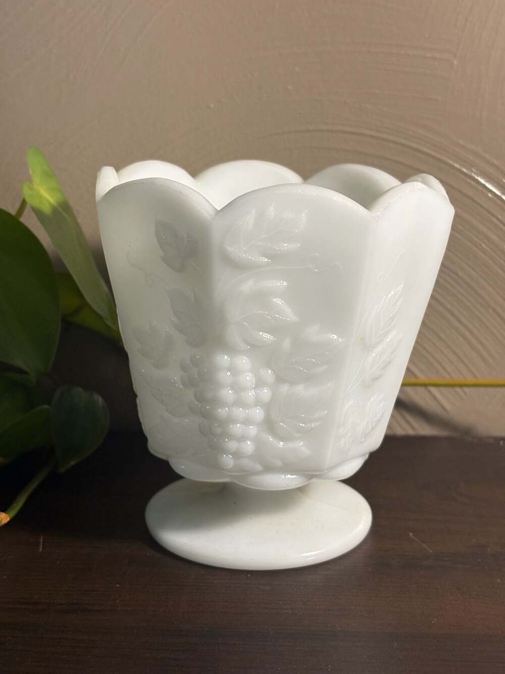 Vintage E.O. Brody Co. MJ-20 Milk Glass Pedestal Vase with Grapevine Design